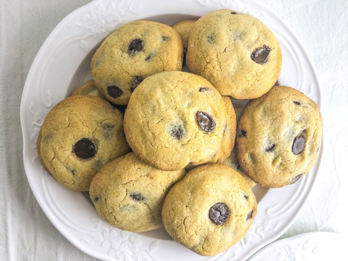 A plate full of chocolate chip cookies